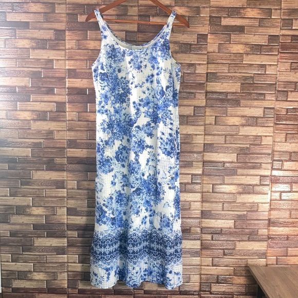 J.Jill Sleeveless White and Blue Floral Toile Lined Maxi Dress Size Small Petite - Picture 1 of 10